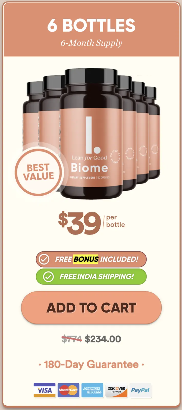 Six bottle LeanBiome supply package for long term weight management support and best value option